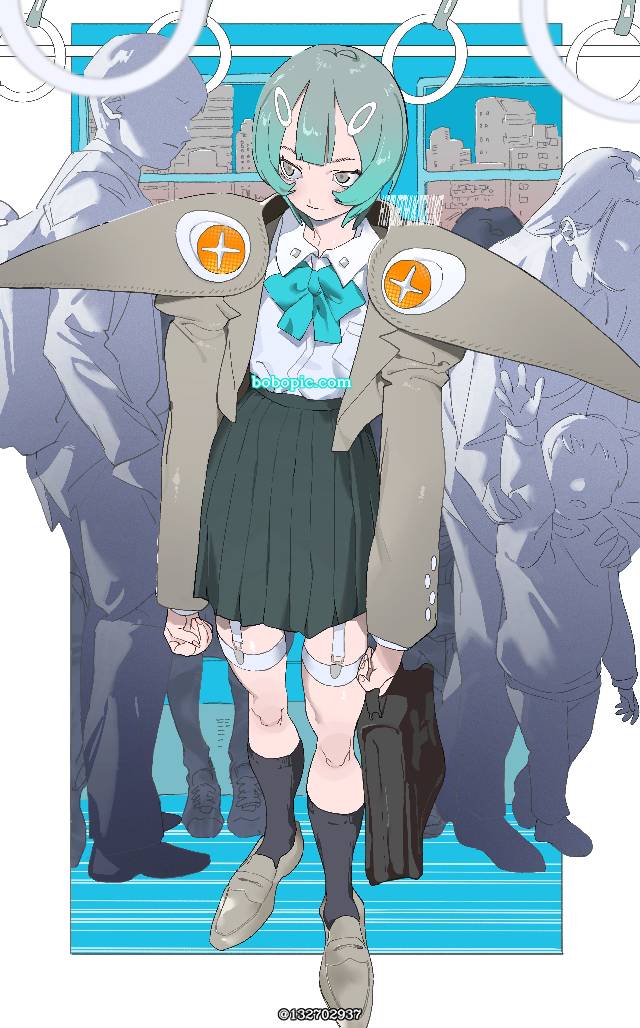 女孩子, uniform, green hair, 电车