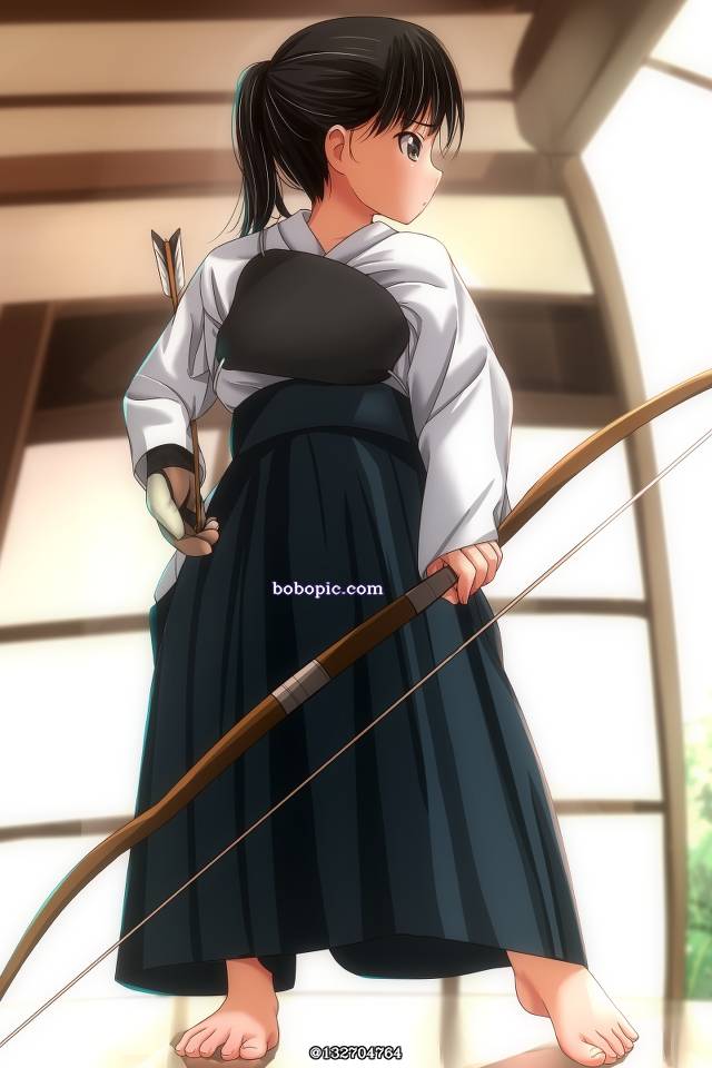 女孩子, 赤脚, Kyudo, 马尾, hakama, breastplate