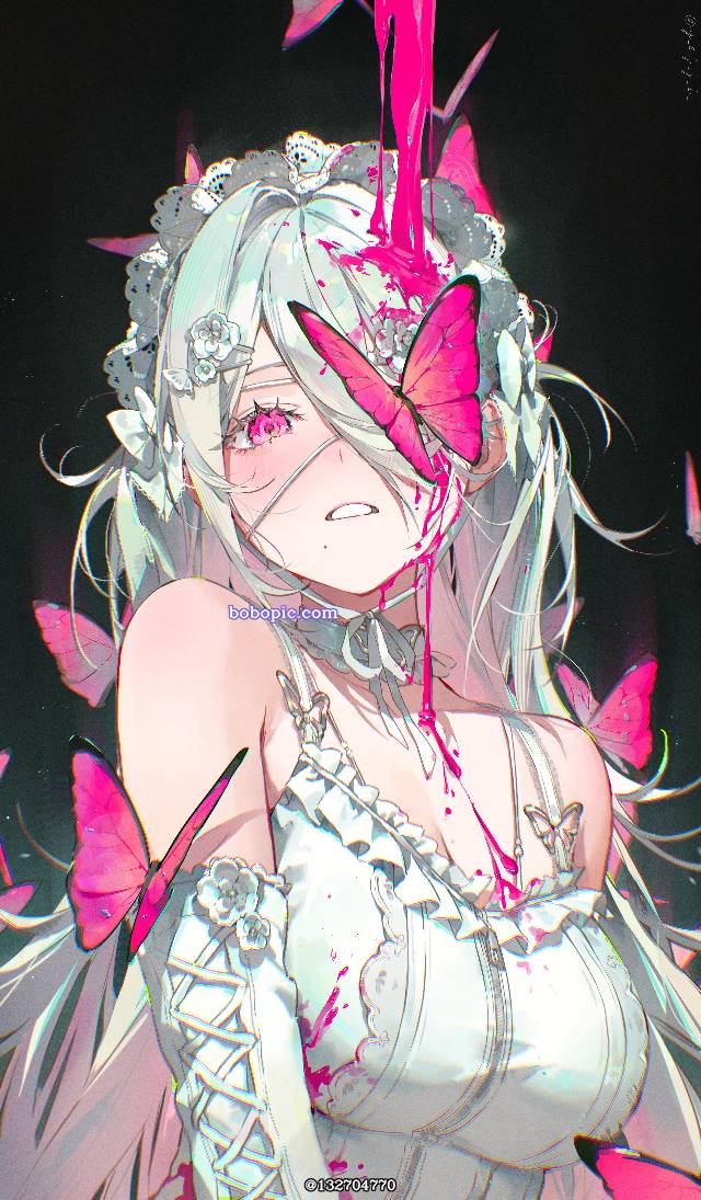 原创, 女孩子, 双马尾, young girl, 蝴蝶, 白发, 美人痣, 白色连衣裙, big breasts