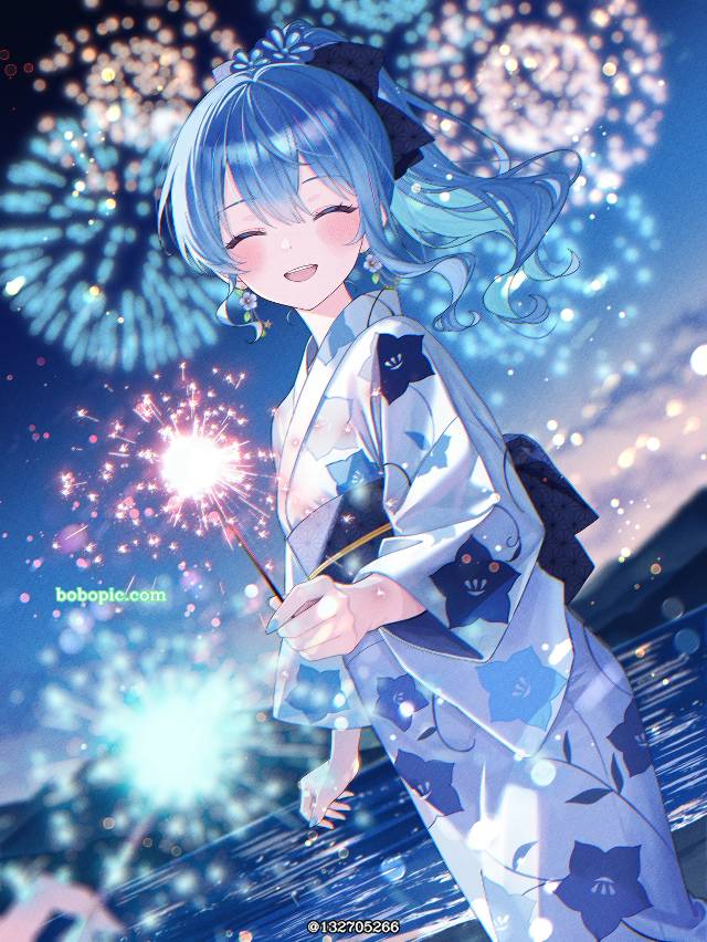Suisei Hoshimachi, Hoshimachi Suisei fanart, Hololive, 虚拟YouTuber 500收藏, 焰火, yukata