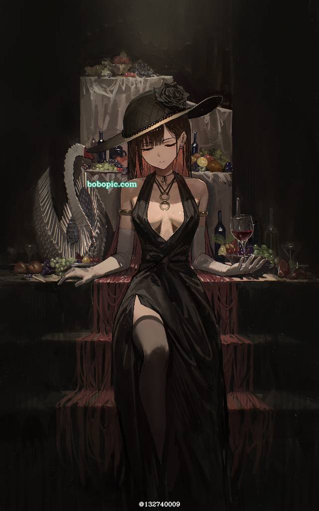 原创, 原创, 长筒袜, wide brim hat, 长手套, 黑色裙子, closed eyes, 原创1000users加入书籤, drunk