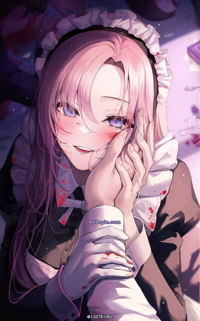 女孩子, 女仆, 粉色头发, 病娇, bloody, 连衫围裙, senketsu, smile