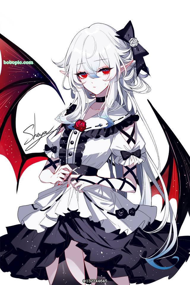 女孩子, 原创, 白发, red eyes, 黑, 恶魔, 吸血鬼