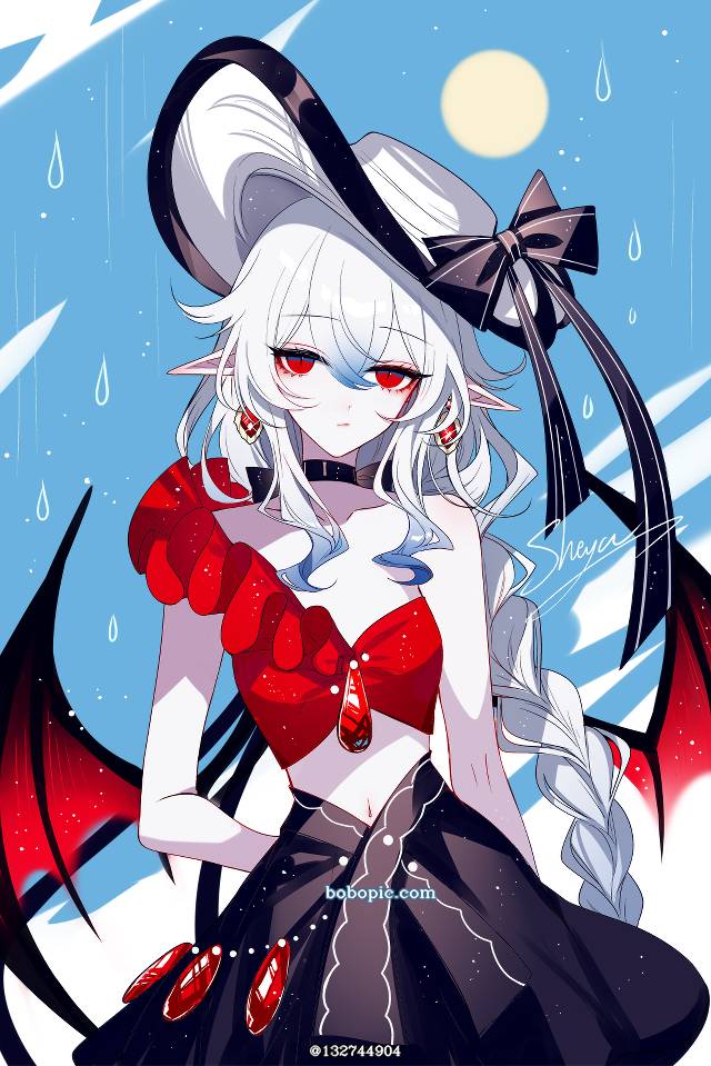 女孩子, 原创, 白发, red eyes, 黑, 恶魔, 吸血鬼