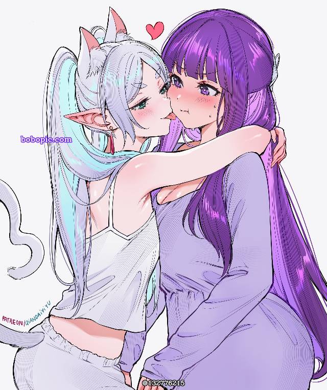 葬送的芙莉莲, 女孩子, Frieren at the Funeral 1000+ bookmarks, yuri, 拥抱, cat ears, 精灵耳, tongue