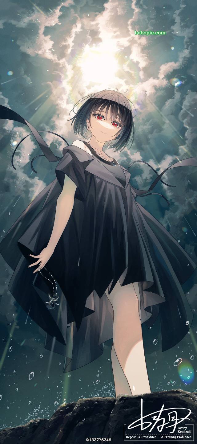 原创, 女孩子, 黑色连衣裙, black hair, red eyes