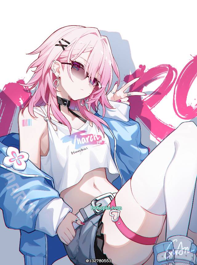 三月七, March 7th, Honkai: Star Rail, Honkai: Star Rail, 崩坏：星穹铁道1000收藏, 粉色头发, sunglasses, peace sign, 腿环, 腹部