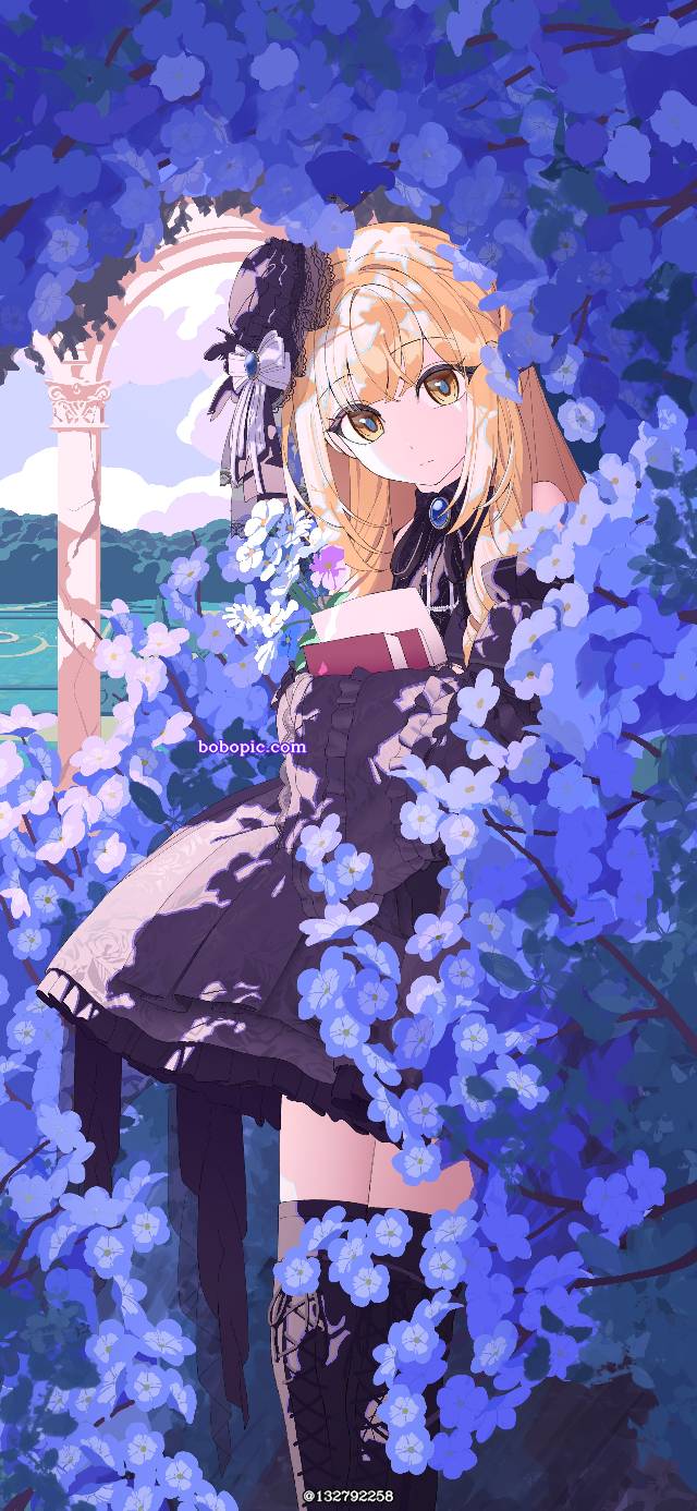 flower, 金发, 女孩子, 黑色连衣裙, 萌袖