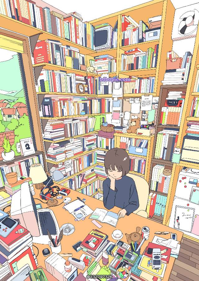 女孩子, 房间, slice of life, space, 原创, background, book, bookshelf