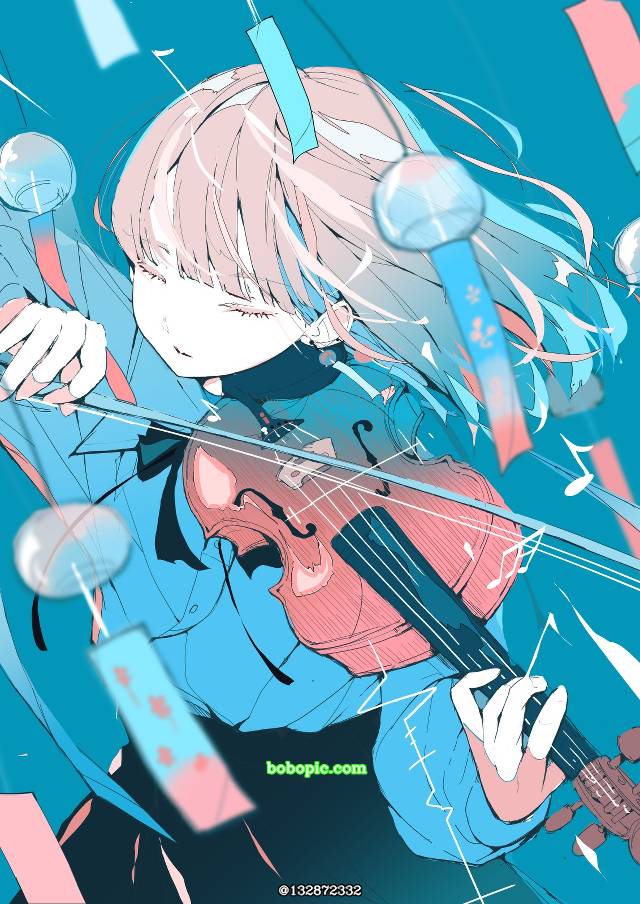 原创, 女孩子, 插画, 原创, 金发, 小提琴, 风铃, young girl