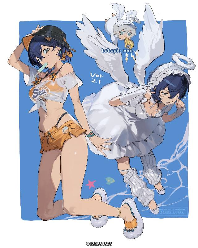 绝区零, Rin (Zenless Zone Zero), sandals, 短发, angel, blue hair, 腹部, Zenless Zone Zero 500+ Bookmarks