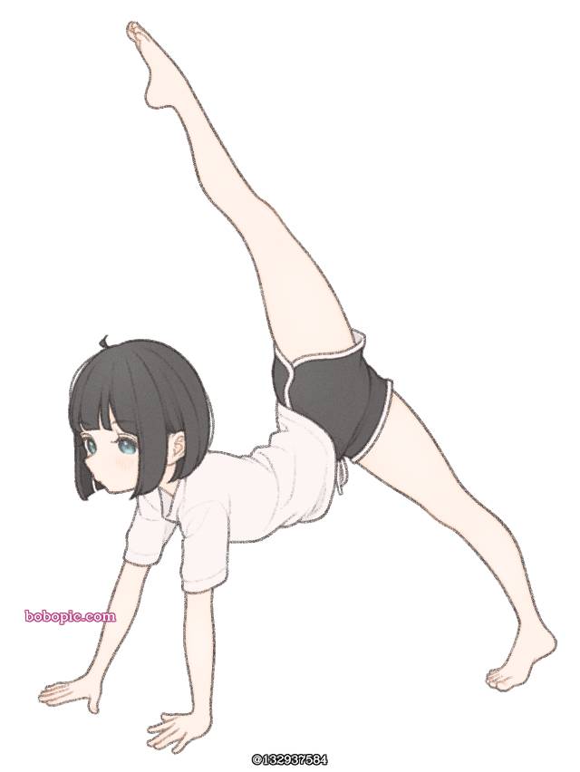 原创, 我家孩子, black bob hair, stretch, leg, 赤脚, 热裤, 站立一字马
