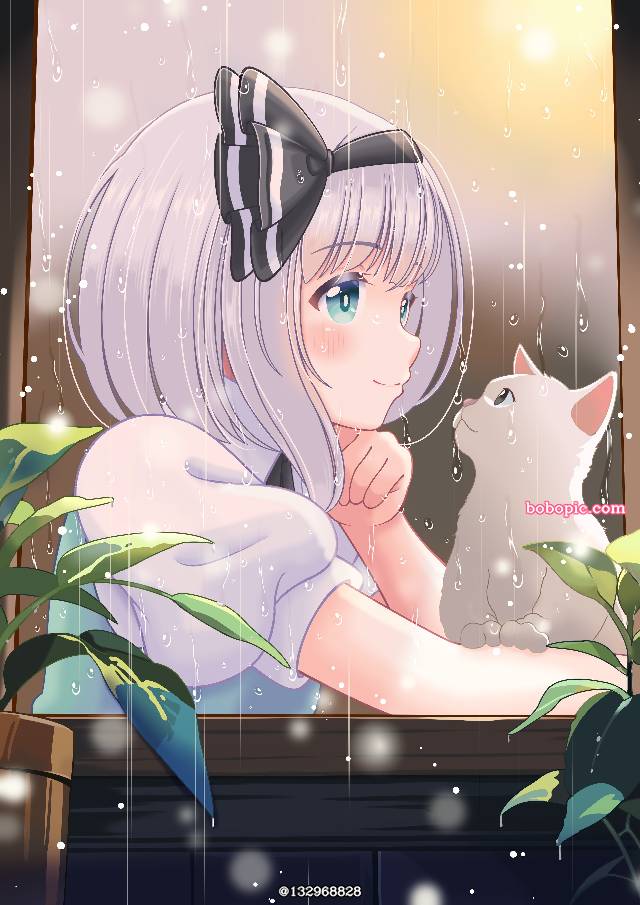 魂魄妖梦, rain, cat, rainy season, window