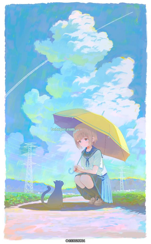 原创, 女孩子, 水手服, cat and girl, background, 风景, 积雨云