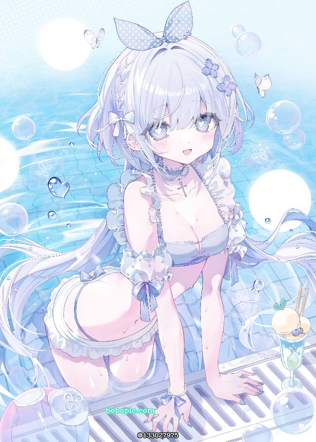 女孩子, 泳装, 原创, 白发, 肚脐, 比基尼, heart eyes, sheer