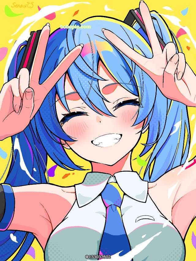 一张初音未来,和平,V字手势,vocaloid,Vocaloid绘画图片