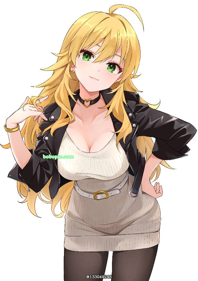 Leather jacket, miki hoshii, 偶像大师, 偶像大师, 偶像大师 百万人演唱会!, Million Live! Theater Days, 黑裤袜, 金色长发, 显性巨乳