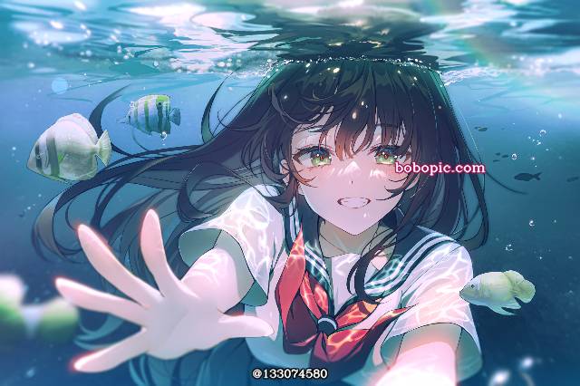 女孩子, 原创, 水手服, young girl, 黑发, 女高中生, 水下, smile