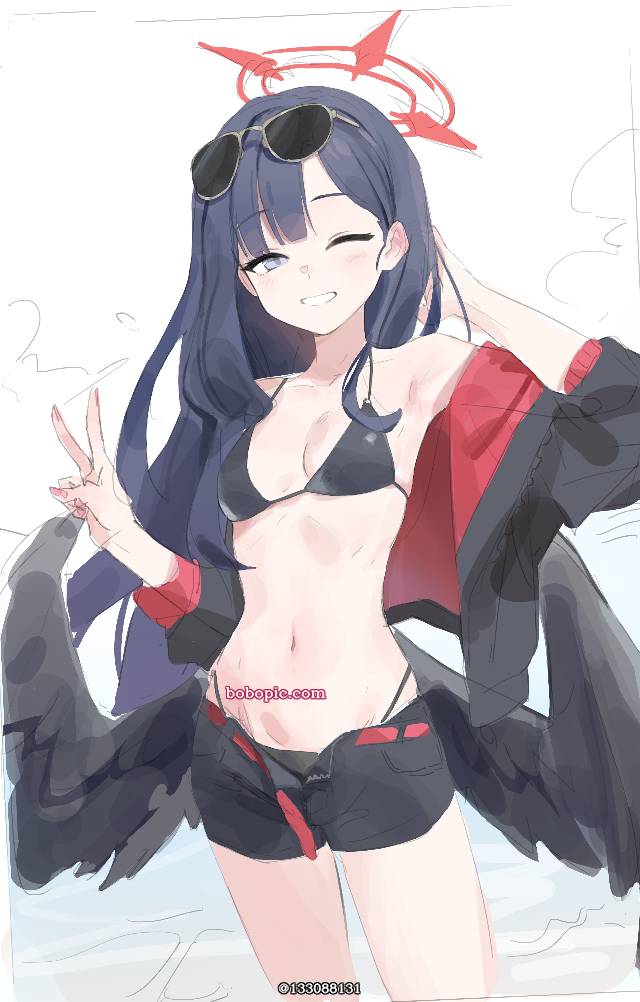 碧蓝档案, 仲正一花, 黑色比基尼, 肚脐, High-leg panties, small breasts, Blue Archive 1000+ users