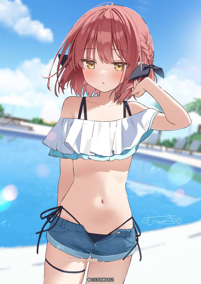 女孩子, 泳装, 肚脐, 脸红, slender, 热裤, red hair