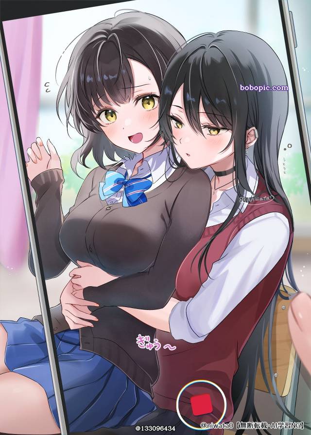 女孩子, uniform, 原创, 女高中生, 黑发, 黑长直, 黑裤袜, 原创百合, hug, yuri 500+ bookmarks
