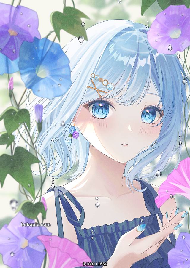 朝颜, 花和女孩子, young girl, 插画, 原创, 原创, 美甲