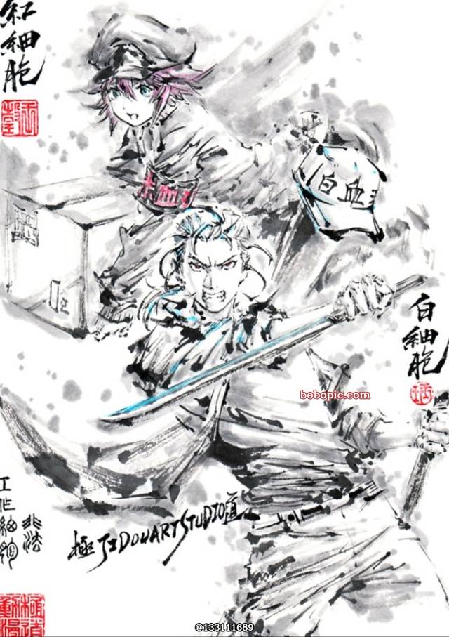 ink painting, 手绘, 工作细胞, 白细胞
