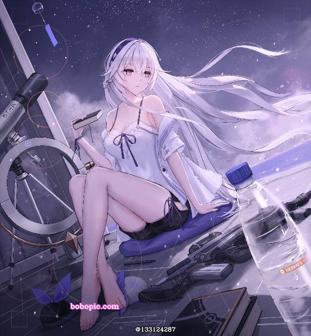 女孩子, Calabiyau, 美腿, starry sky, armed girls, 白发, 赤脚, 赤脚