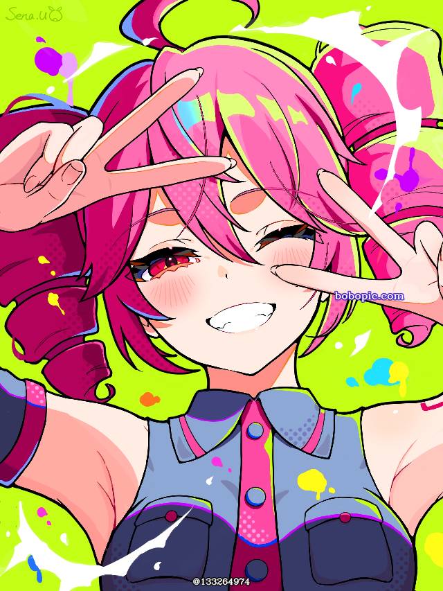 一张重音teto,重音Teto,和平,V字手势,vocaloid,UTAU,Vocaloid绘画图片