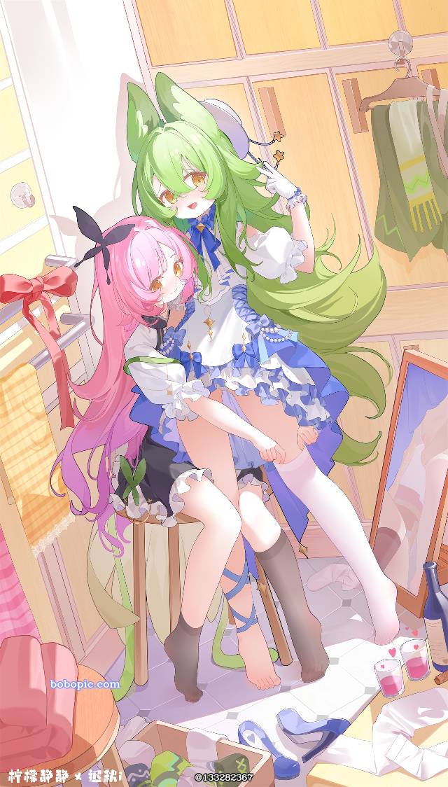 loli, White silk pantyhose, young girl, fox ears, black stockings, foxgirl