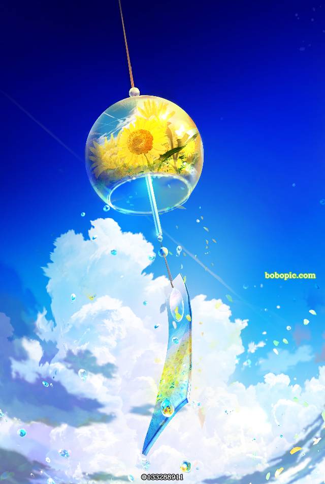 风景, 风铃, 向日葵, background, 插画, 原创, sky, 蓝天, 夏天, 日历