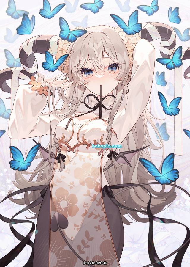 原创, 女孩子, 蝴蝶, girls with horns, 恶魔, 长发