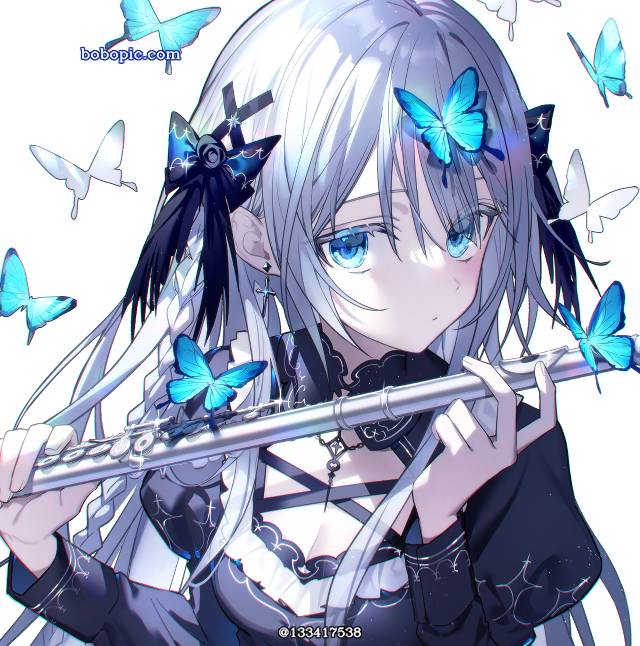 原创, 女孩子, 白发, 银发, flute, 蓝, 蝴蝶