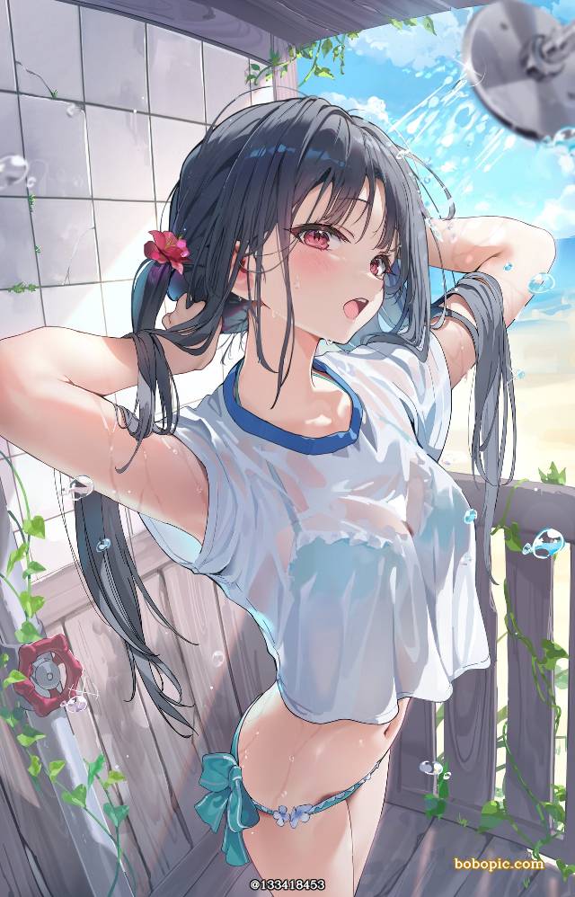 原创, 泳装, 夏天, 肚脐, T-shirt + swimsuit, 衣服湿透, shower, 原创5000users加入书籤