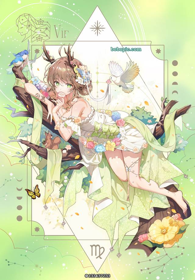 Virgo, 插画, 女孩子, 原创, 赤脚, 鸟