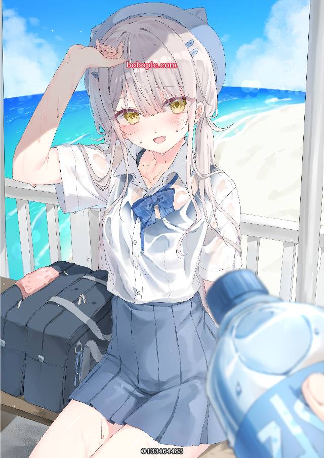 女孩子, 双马尾, uniform, 贝雷帽, 平胸, 学生泳衣, 白发, 衣服湿透