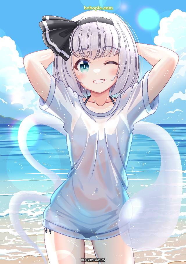 魂魄妖梦, 泳装, T恤, 衣服湿透, 肚脐, 比基尼, sea, 蓝天