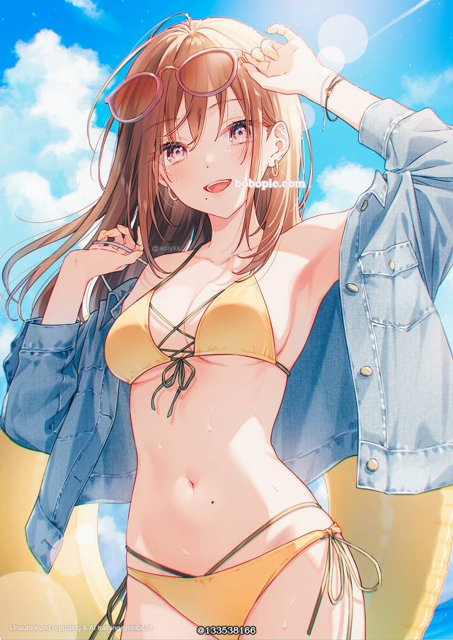 原创, 女孩子, 泳装, 黄色比基尼, 肚脐, 魅惑之乳