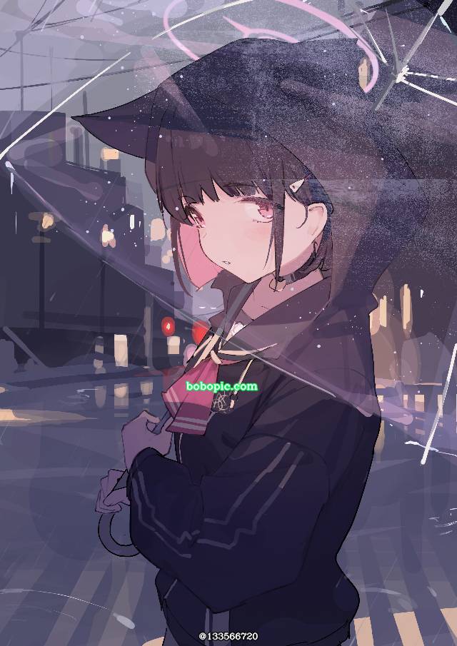 一张杏山和纱,透明伞,蔚蓝档案,夜景绘画图片