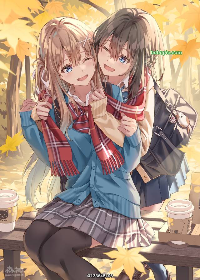 uniform, 女高中生, scarf sharing