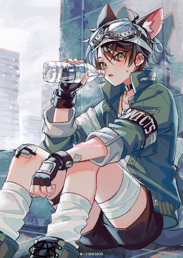 原创, 原创, 兽耳, young boy, 军事, shorts, boy with cat ears