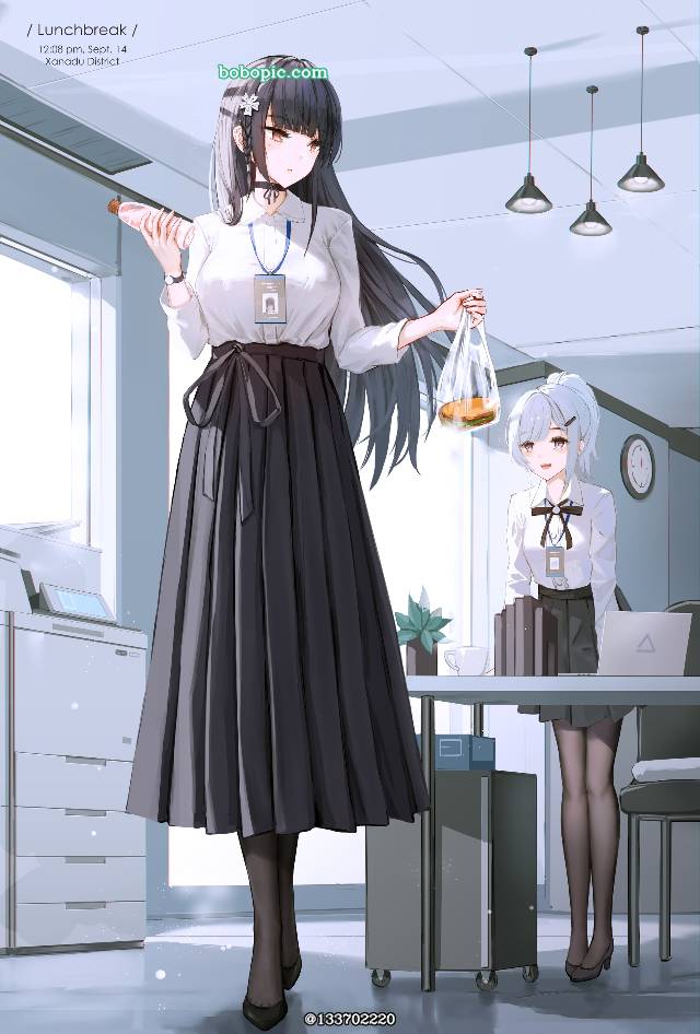 黑长直, large breasts, pleated skirt, heels, 丝袜, uniform, office, 女孩子, 原创