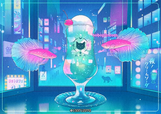 原创, 原创, ice cream soda, 鱼, fantasy, coffee shop, beverage, hood, neon, night