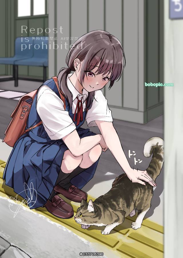 原创, 女孩子, cat and girl, 女高中生, uniform, 车站, 辫子, Original 500+ bookmarks
