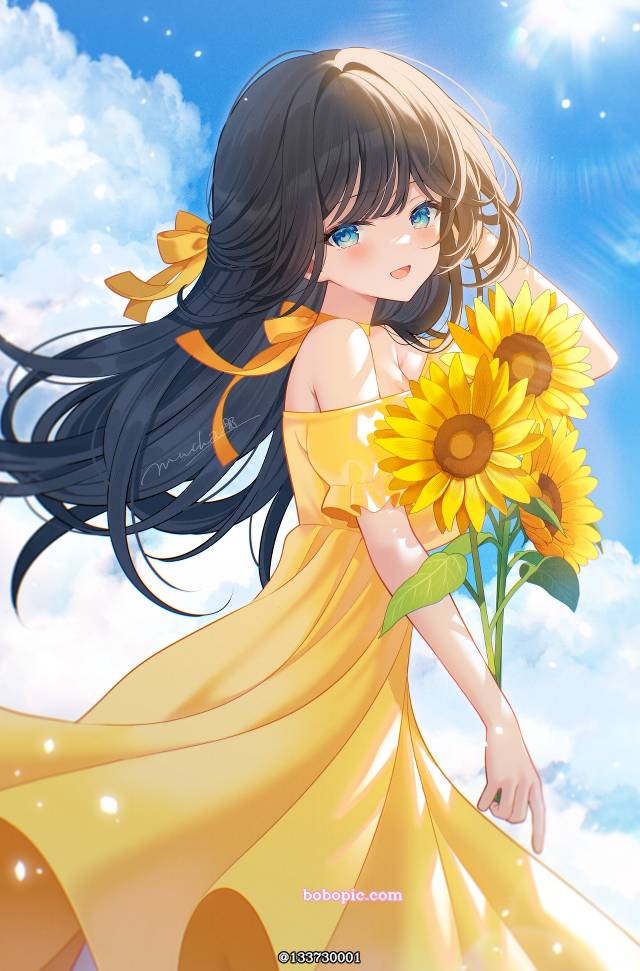 虚拟主播, 女孩子, sunflowers, 蓝天, summer dress, 虚拟YouTuber 500收藏