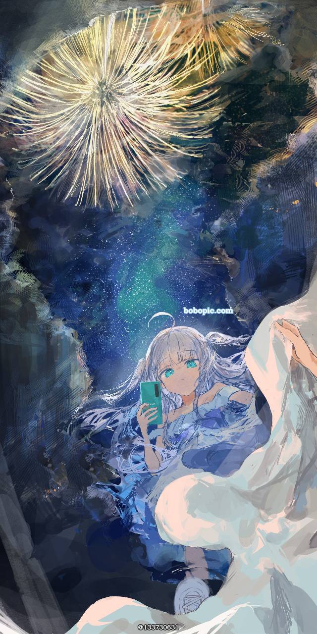 原创, 银发, background, 焰火, puddle, starry sky
