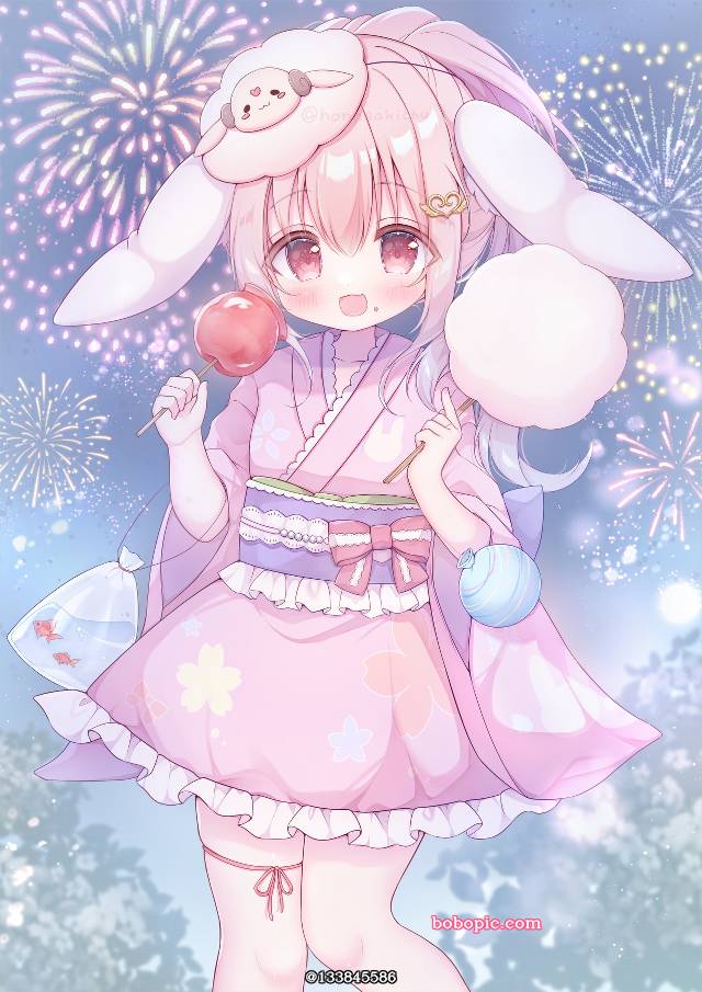 粉色头发, yukata, 虚拟主播, bunny ears, moe, 焰火