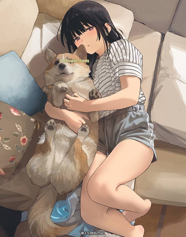 corgi, dog and girl, 侧卧, 热裤, 原创1000users加入书籤