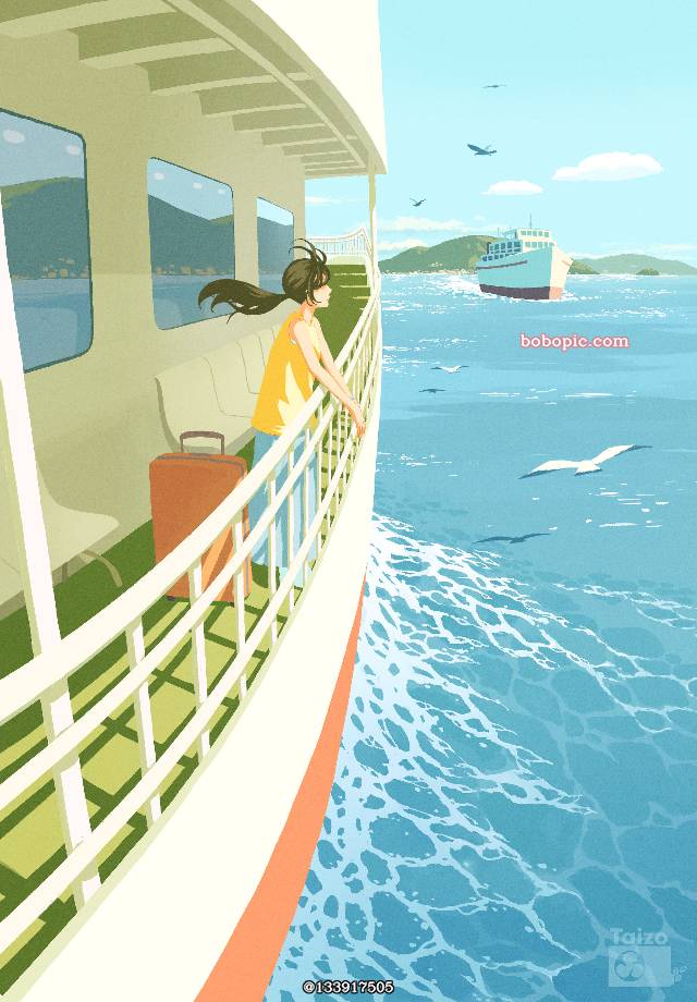 原创, 风景, 女孩子, background, 插画, 云, sea, ferry