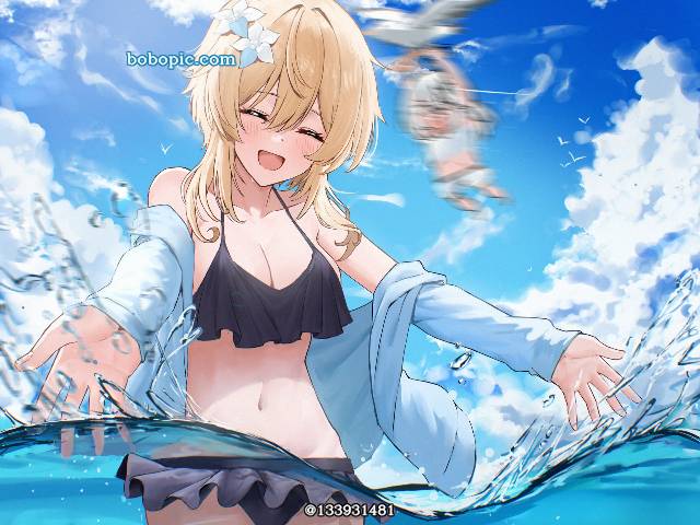 泳装, 萤（原神）, 女孩子, Genshin Impact, firefly, 黑色比基尼, playing in the water